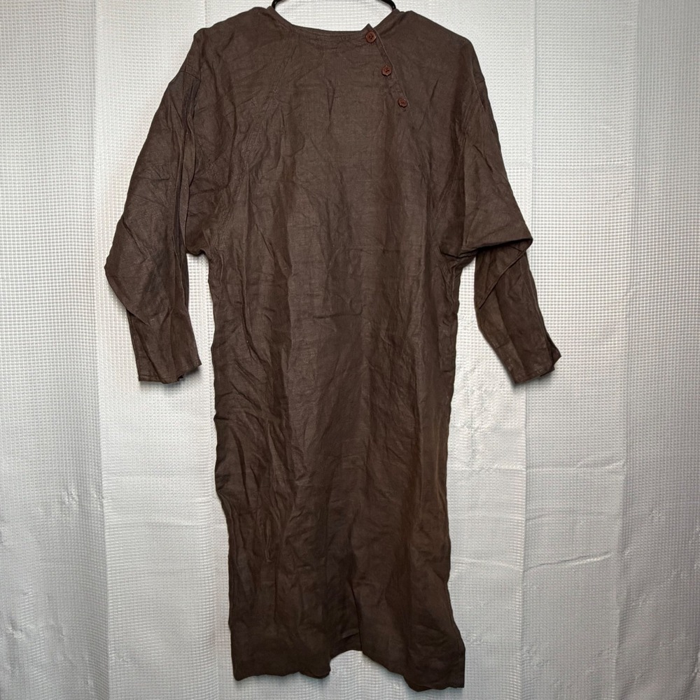 Finity Ann Taylor Dress 12 Brown Linen Side Button Neck Long‎ Sleeve Midi